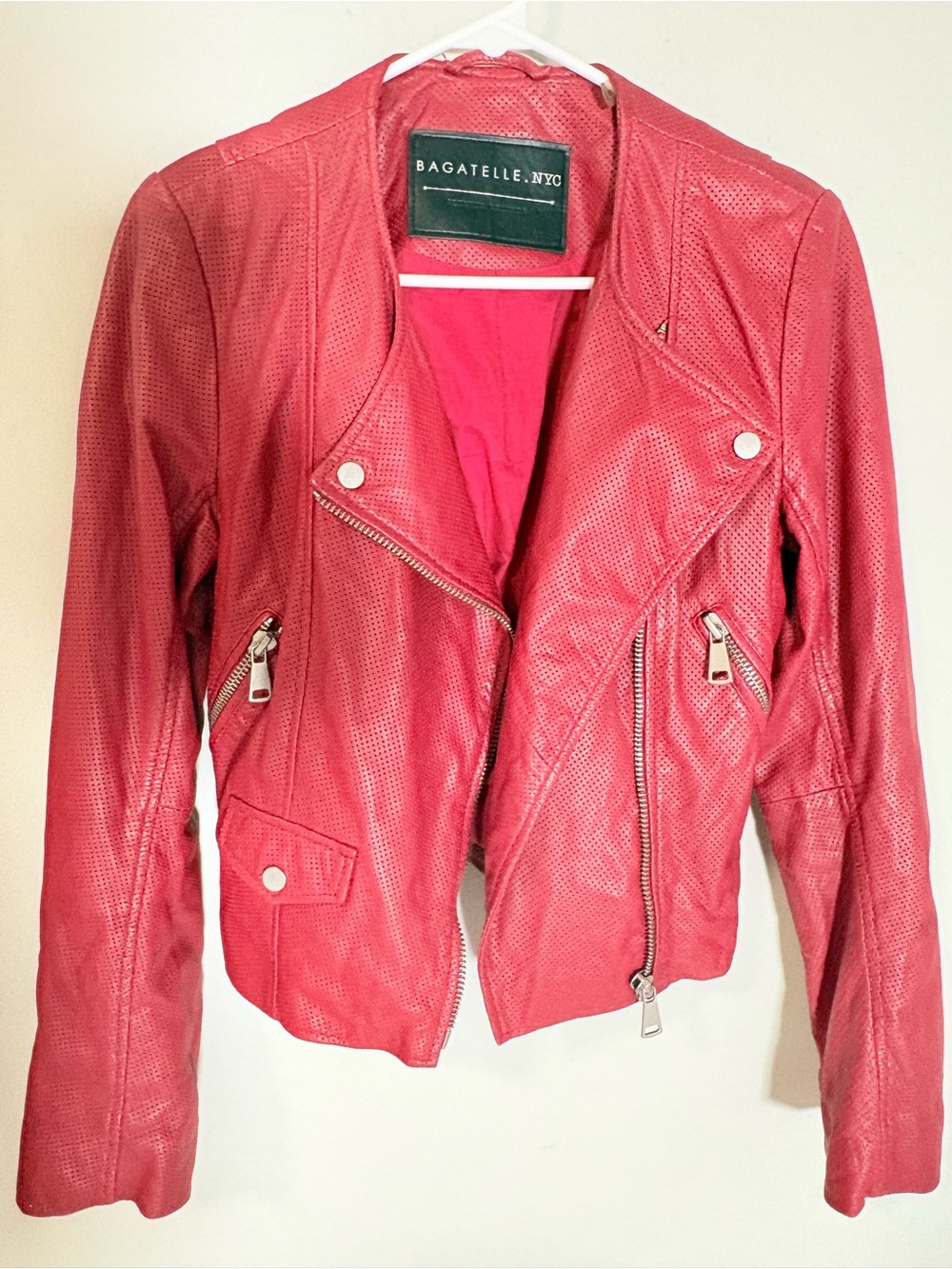 Bagatelle.NYC Perforated Leather Moto Jacket in Poppy Red— Size S - Picture 3 of 11